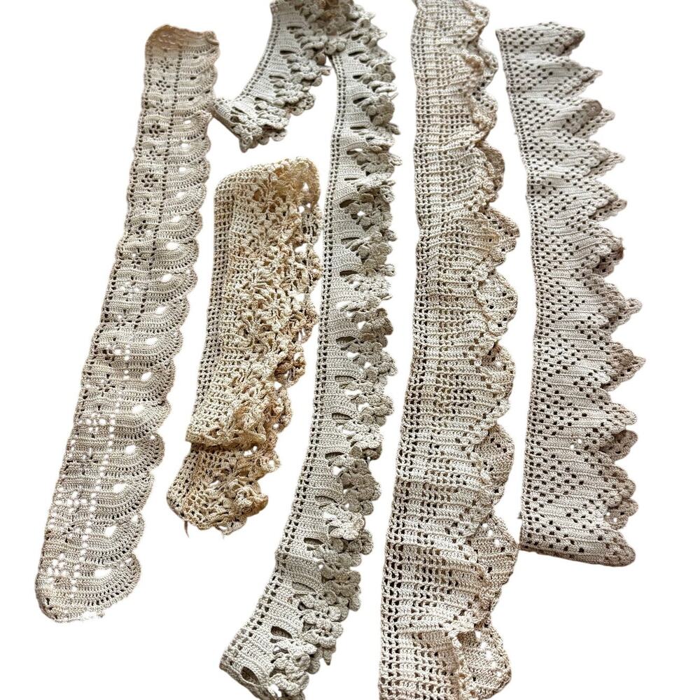 Vintage hand made crochet lace crafting sewing notions lot of 5 pcs ecru cream